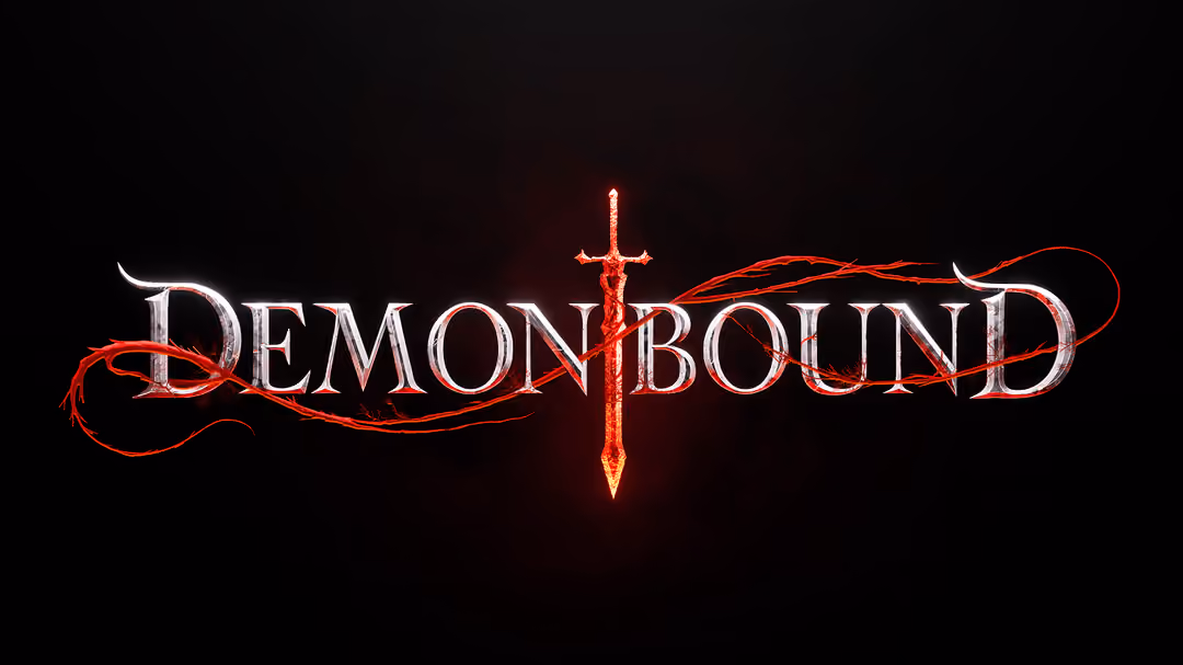 The title 'DEMON BOUND' in metallic letters with a glowing red sword forming the letter 'I' in the center and red flames or tendrils wrapping around the text on a black background.