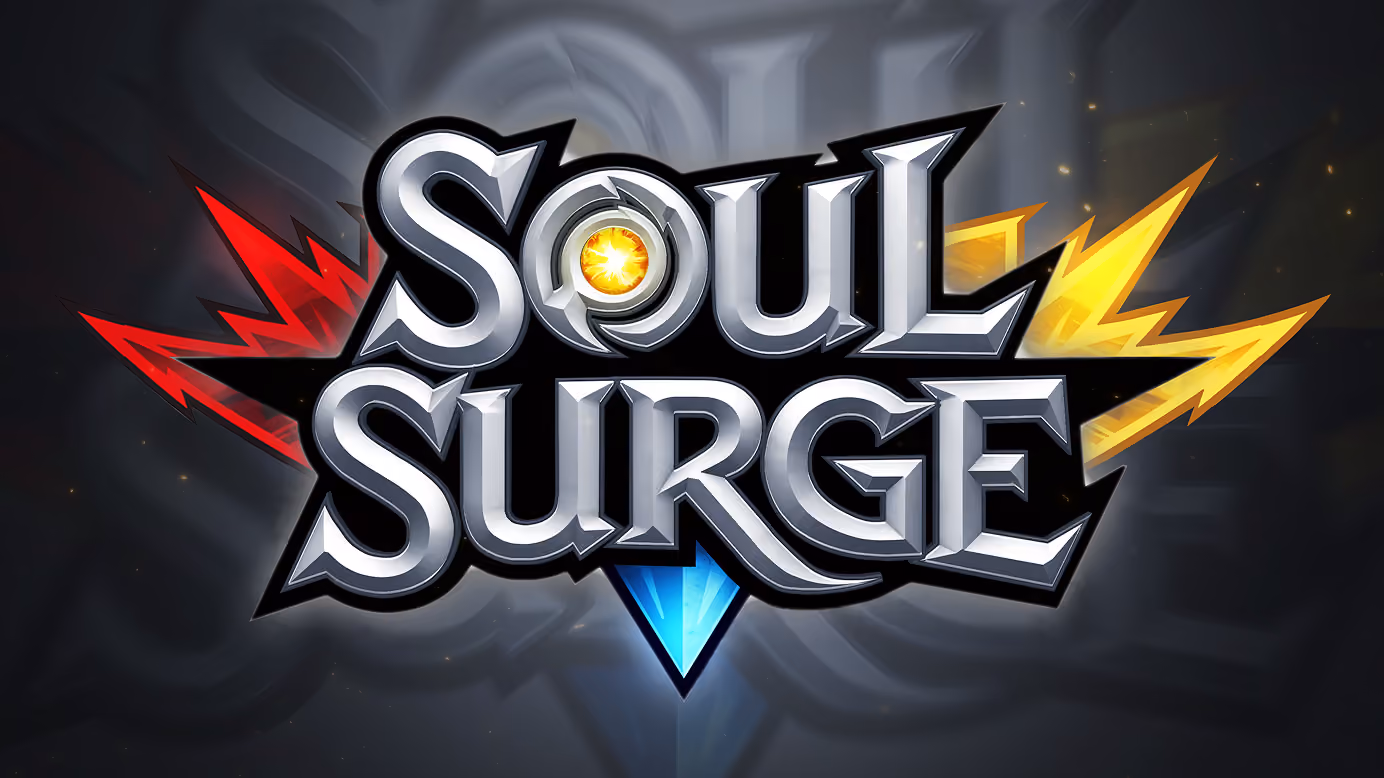 Logo of the video game Soul Surge with bold silver letters, a glowing yellow orb in the O, red and yellow lightning bolts on each side, and a blue diamond shape below.