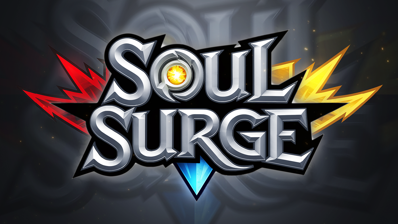 Logo of the video game Soul Surge with bold silver letters, a glowing yellow orb in the O, red and yellow lightning bolts on each side, and a blue diamond shape below.