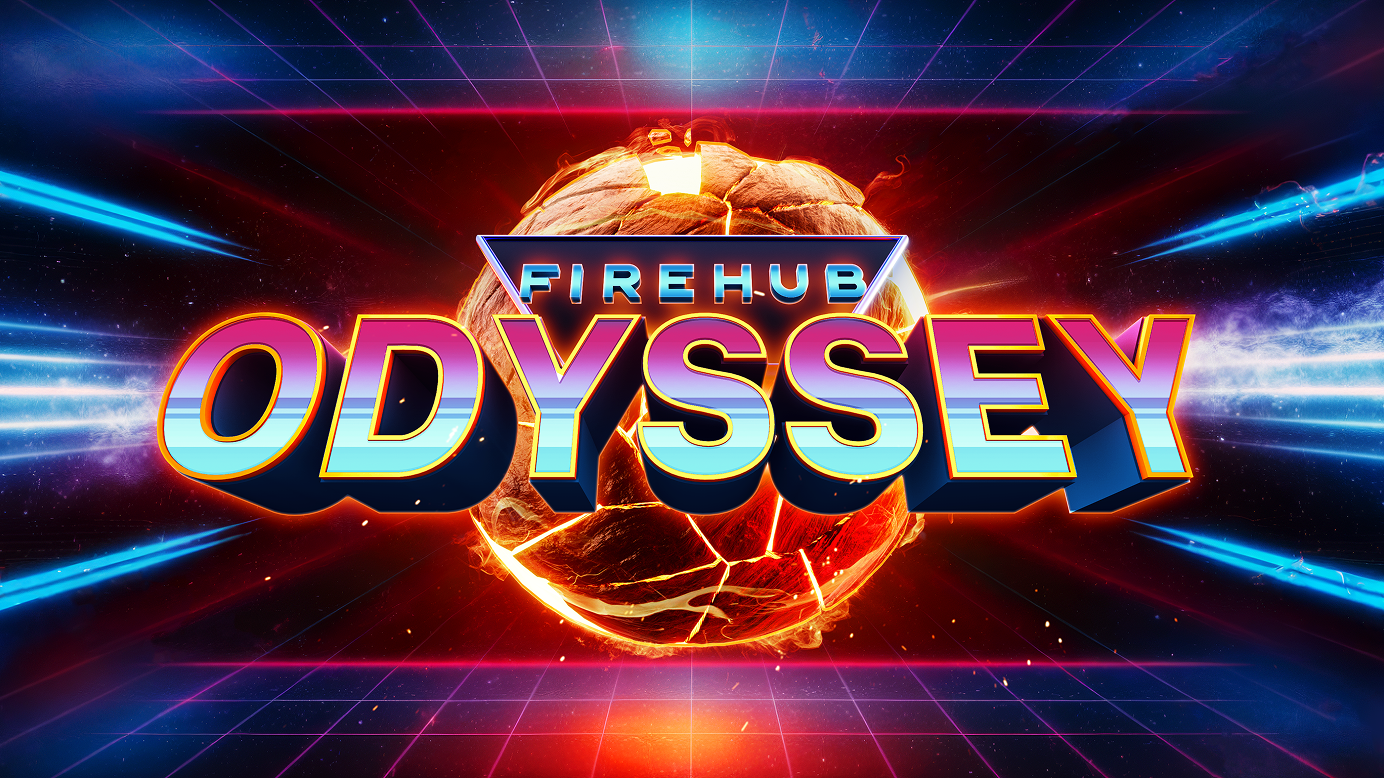 Logo for Firehub Odyssey with large, colorful 3D text over a glowing cracked sphere set against a dynamic space background with blue and red light streaks and grid lines.