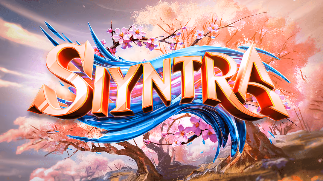 3D stylized text 'SYNTRA' in bold orange tones with blue swirling wave-like accents, set against a scenic background of pink blossom trees and a soft sky.