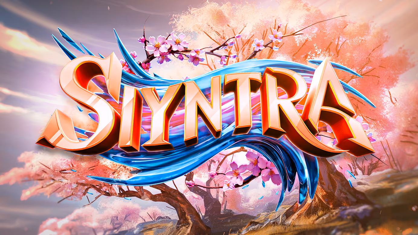 3D stylized text 'SYNTRA' in bold orange tones with blue swirling wave-like accents, set against a scenic background of pink blossom trees and a soft sky.