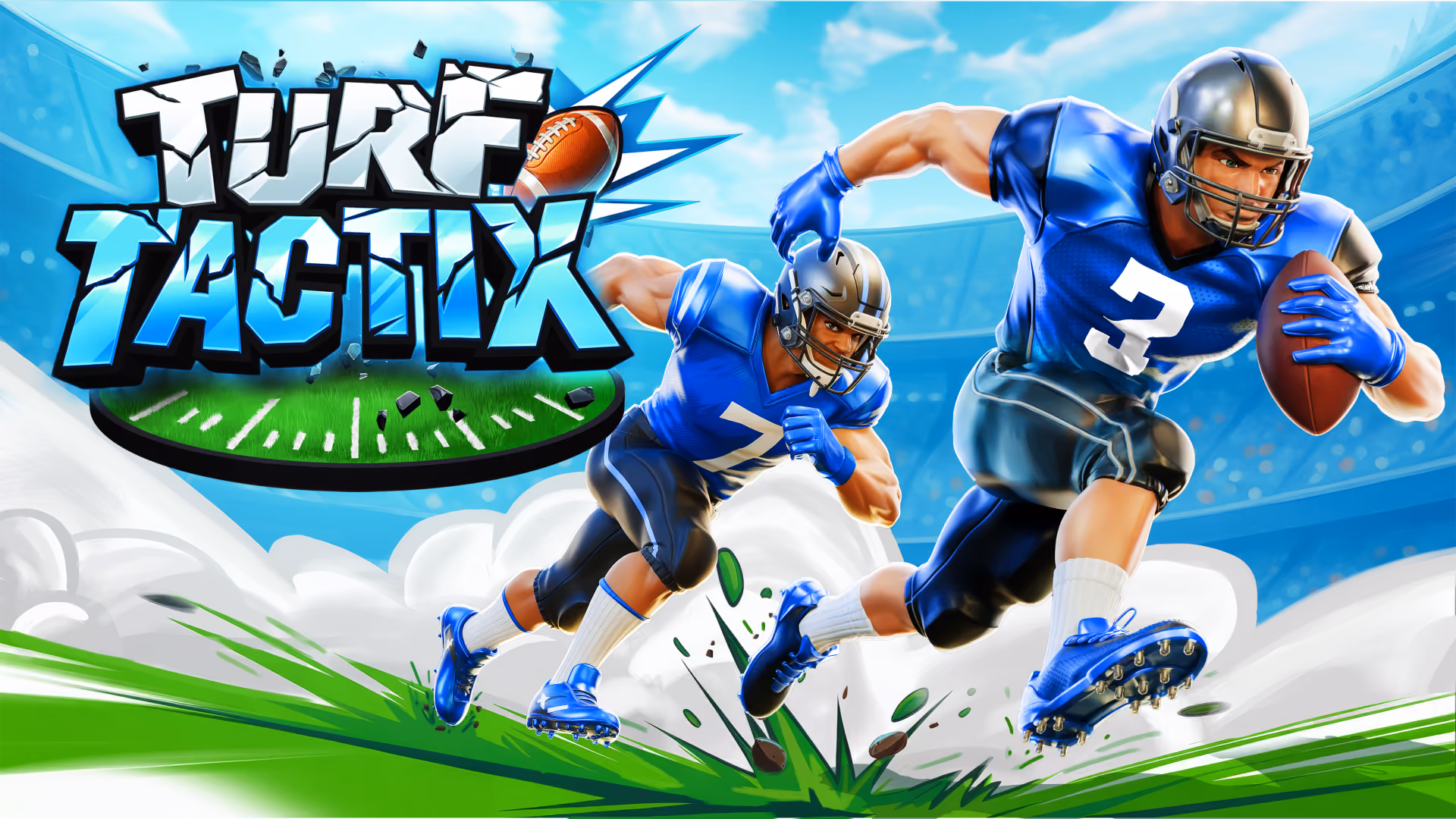 Two American football players in blue uniforms and silver helmets sprinting fiercely on a green field, with one player holding a football under his arm, alongside a bold logo reading 'Turf Tactix' with a football and stylized field elements.