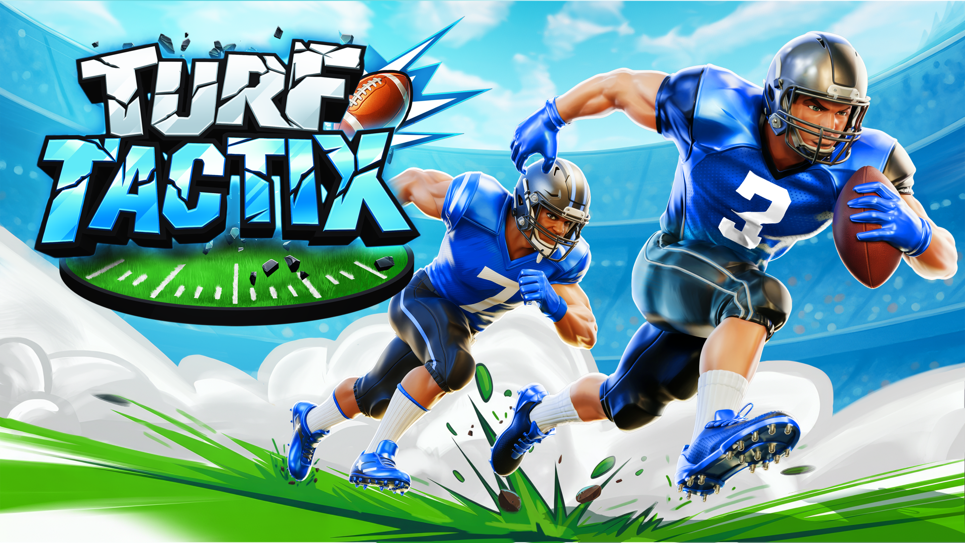 Two American football players in blue uniforms and silver helmets sprinting fiercely on a green field, with one player holding a football under his arm, alongside a bold logo reading 'Turf Tactix' with a football and stylized field elements.