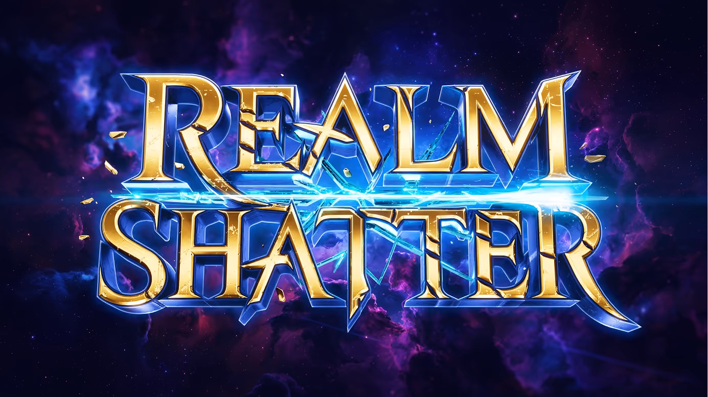 The words 'REALM SHATTER' in large, golden, cracked letters glowing with blue light and surrounded by shards, set against a dark cosmic background with purple and blue nebula clouds.