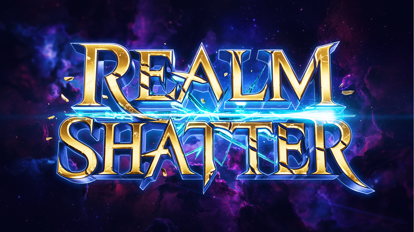 The words 'REALM SHATTER' in large, golden, cracked letters glowing with blue light and surrounded by shards, set against a dark cosmic background with purple and blue nebula clouds.