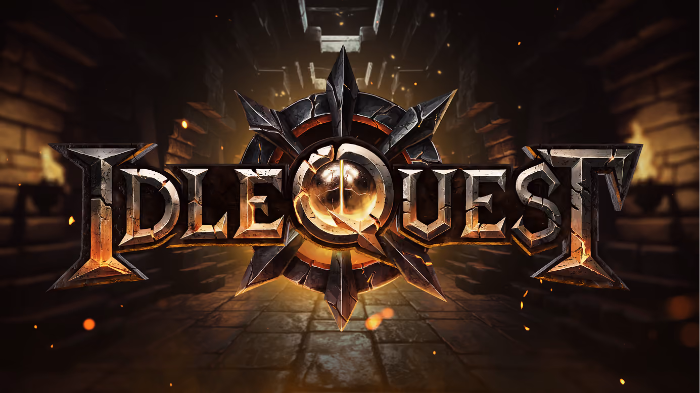 Idle Quest game logo with metallic, cracked text over a glowing circular emblem, set against a dark dungeon corridor with torches and floating embers.