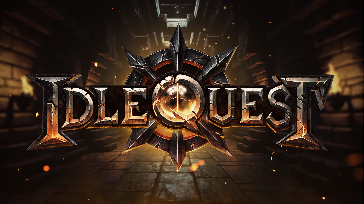 Idle Quest game logo with metallic, cracked text over a glowing circular emblem, set against a dark dungeon corridor with torches and floating embers.