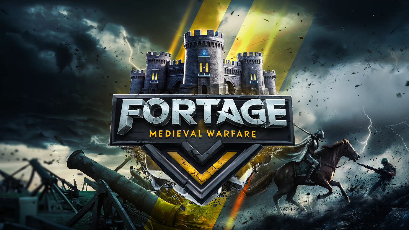 Logo for the game Fortage Medieval Warfare featuring a stone castle with towers above the text, a yellow V shape behind, medieval and modern warfare elements including a soldier on horseback with a lance charging another soldier with a gun, and old cannons in a dark, stormy battlefield setting.