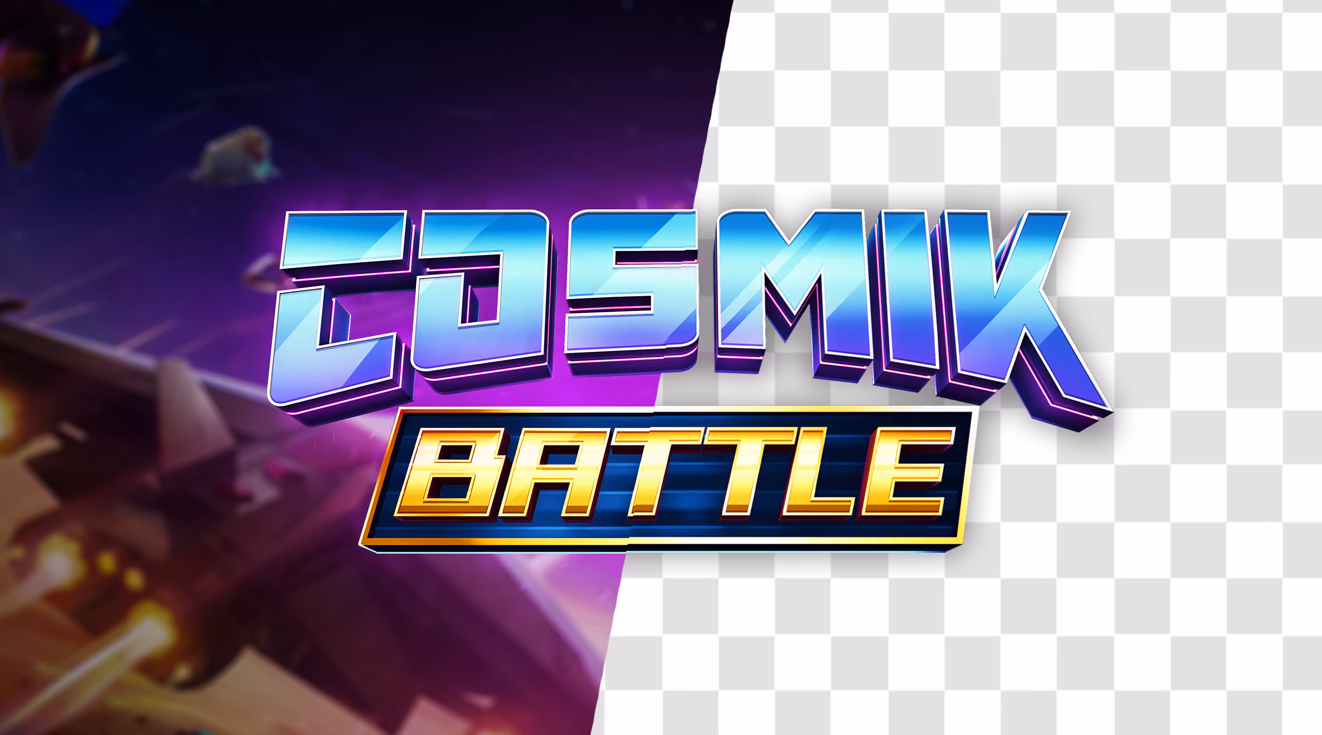 Logo for 'Cosmik Battle' with 'Cosmik' in large blue and purple 3D letters above 'Battle' in gold letters on a blue rectangular background, set against a space-themed backdrop with a spaceship emitting fire.