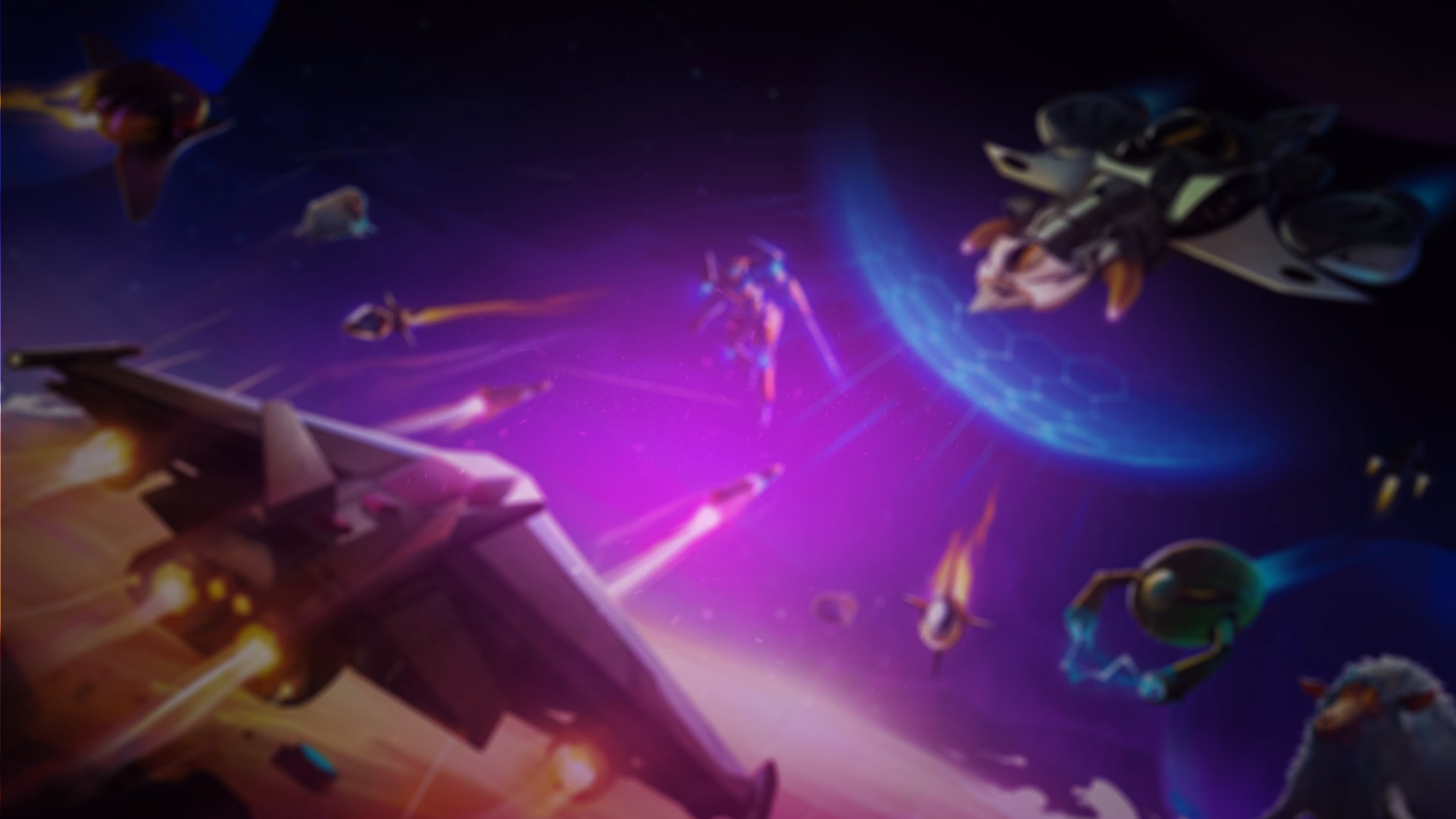 Futuristic space battle scene with multiple spacecraft firing projectiles against a purple cosmic background, featuring a blue planet and various robotic and animal-like figures.