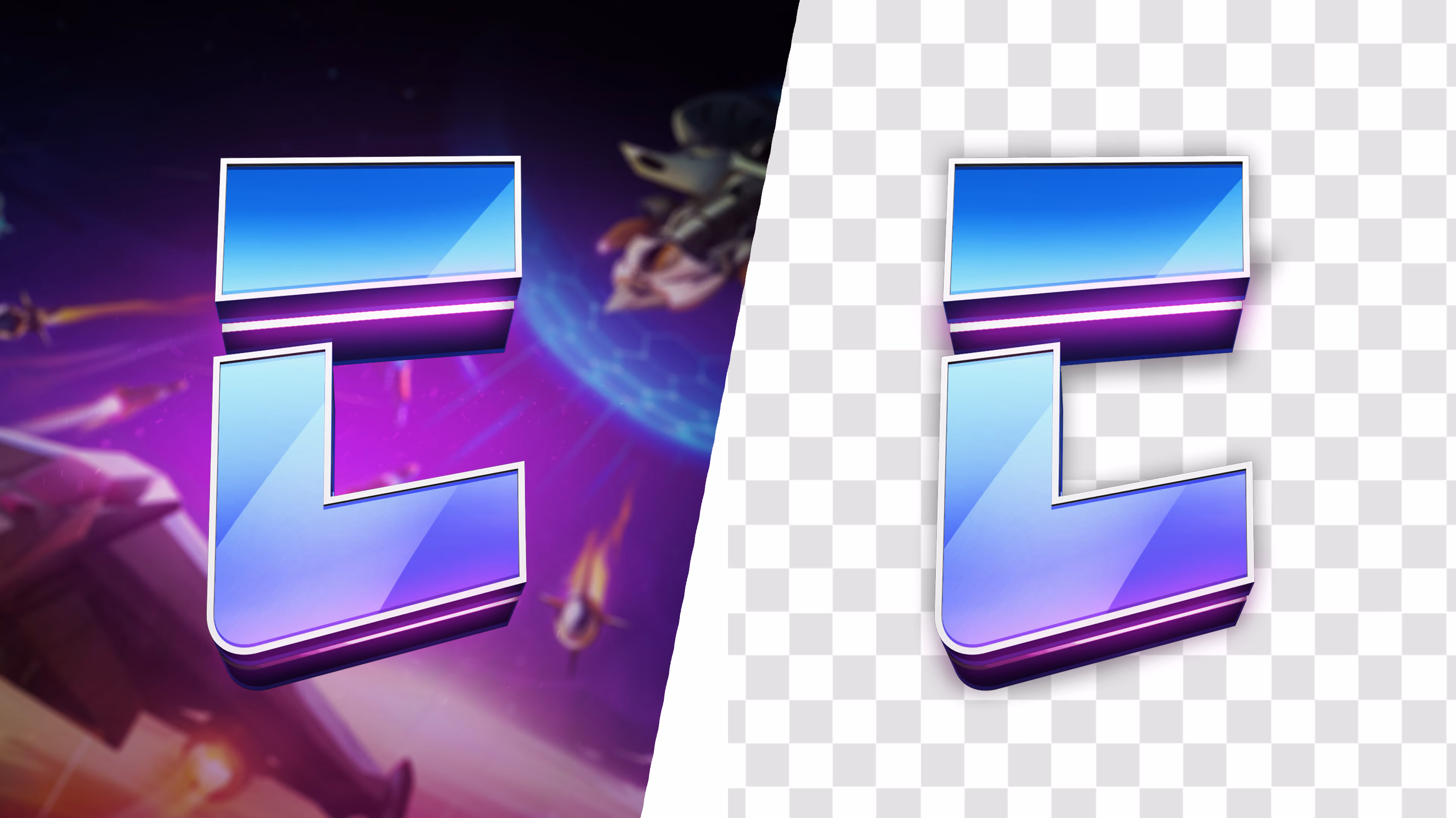 3D shiny blue and purple number 5 with a white border, shown twice side by side; left version on a dark purple space-themed background, right version on a transparent checkerboard background.
