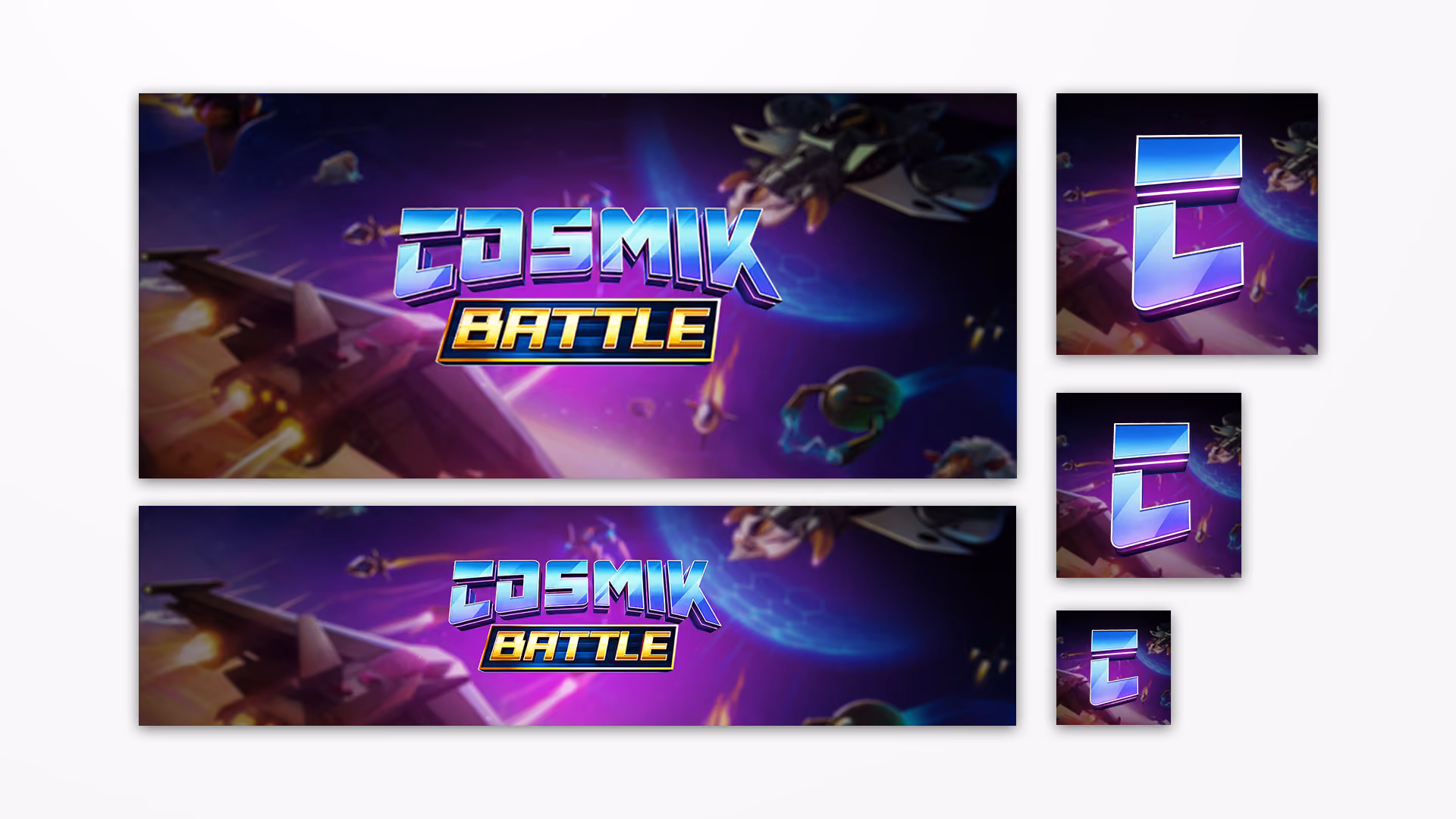 Set of five social media graphics for the game 'Cosmik Battle' featuring stylized blue and purple 3D text with a yellow 'Battle' box, set against a vibrant space background with spaceships and planets.
