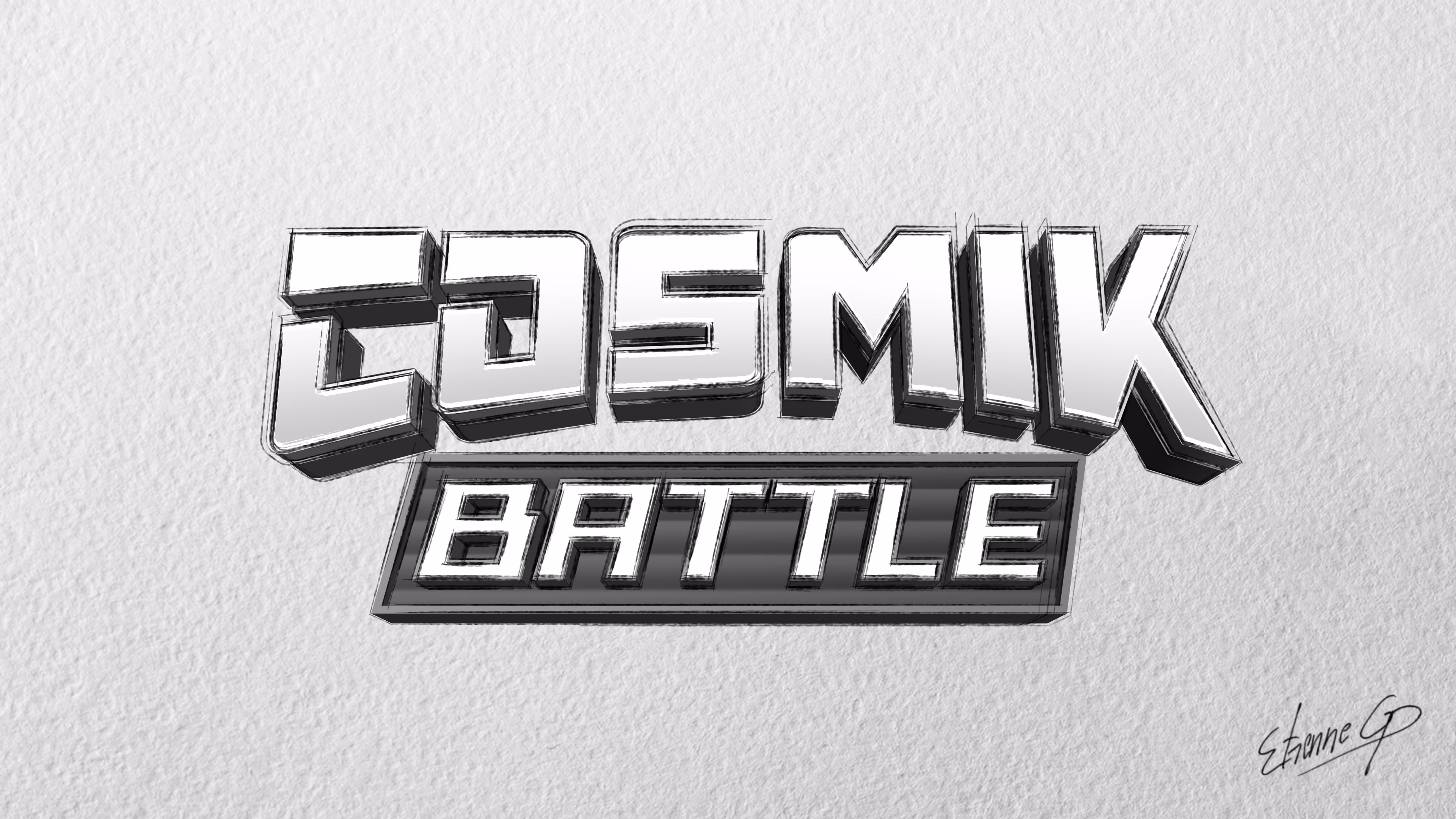 3D stylized black and white text logo reading 'COSMIK BATTLE' on a textured white background, with an artistic sketch effect and the signature 'Etienne G' in the bottom right corner.