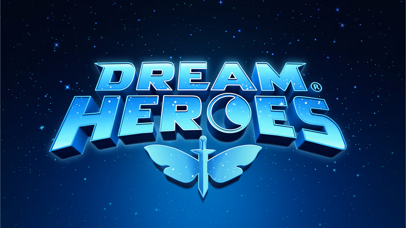Dream Heroes logo in glossy blue 3D lettering with a crescent moon and winged-sword emblem on a starry background