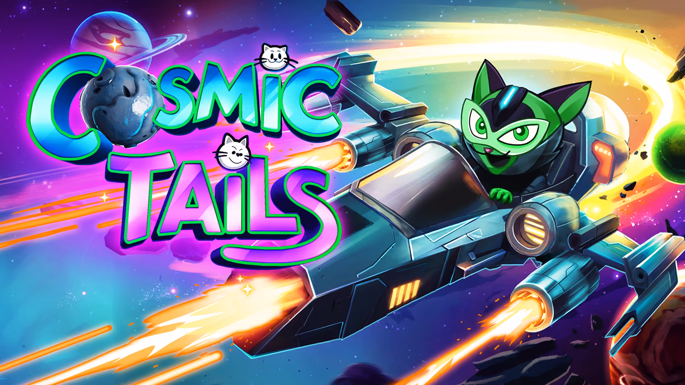 Colorful space scene with a green cat-like character piloting a sleek spaceship firing orange thrusters, with planets and asteroids in the background and the stylized text 'Cosmic Tails' accompanied by small smiling cat heads.