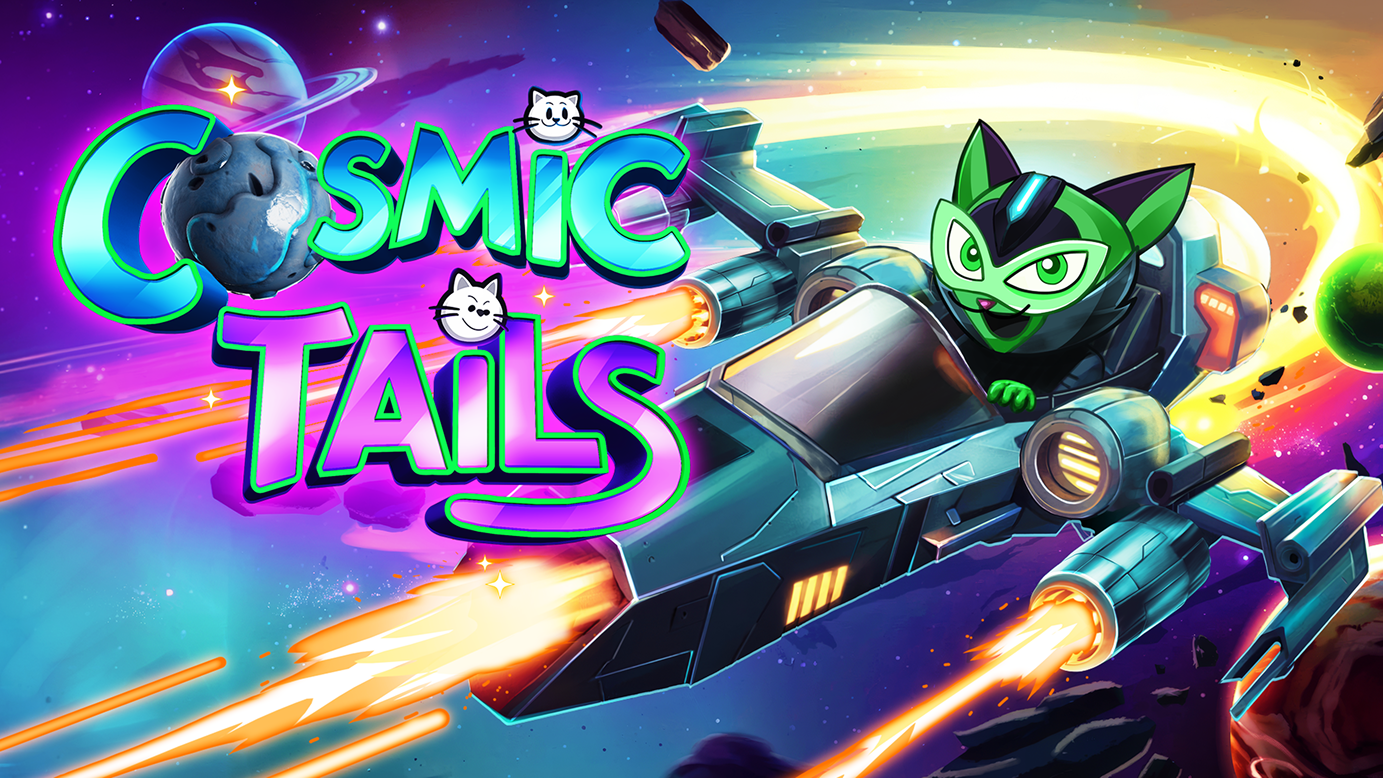 Colorful space scene with a green cat-like character piloting a sleek spaceship firing orange thrusters, with planets and asteroids in the background and the stylized text 'Cosmic Tails' accompanied by small smiling cat heads.