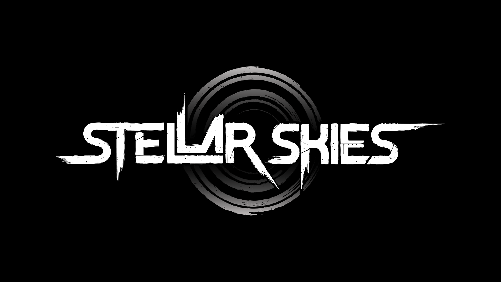 White stylized text reading 'STELLAR SKIES' with distressed texture, centered over black background with concentric circular rings in grey behind the text.
