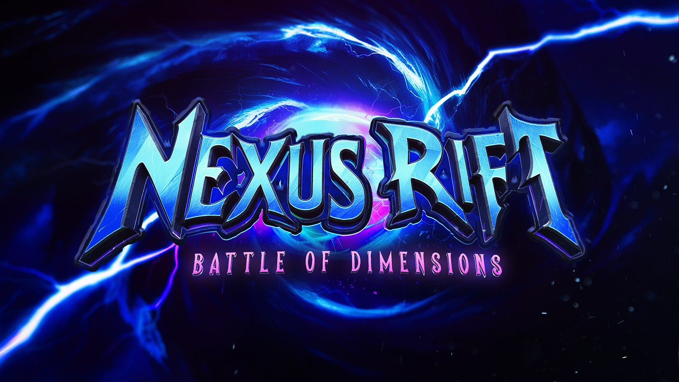 Blue glowing text 'Nexus Rift' with a swirling vortex and lightning effects in the background, and the phrase 'Battle of Dimensions' below in pink.