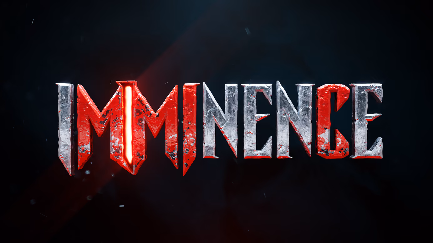 The word 'IMMINENCE' styled with a rugged metallic texture, some letters highlighted in red, and a glowing vertical bar forming part of the first M, set against a dark background with subtle specks and light effects.