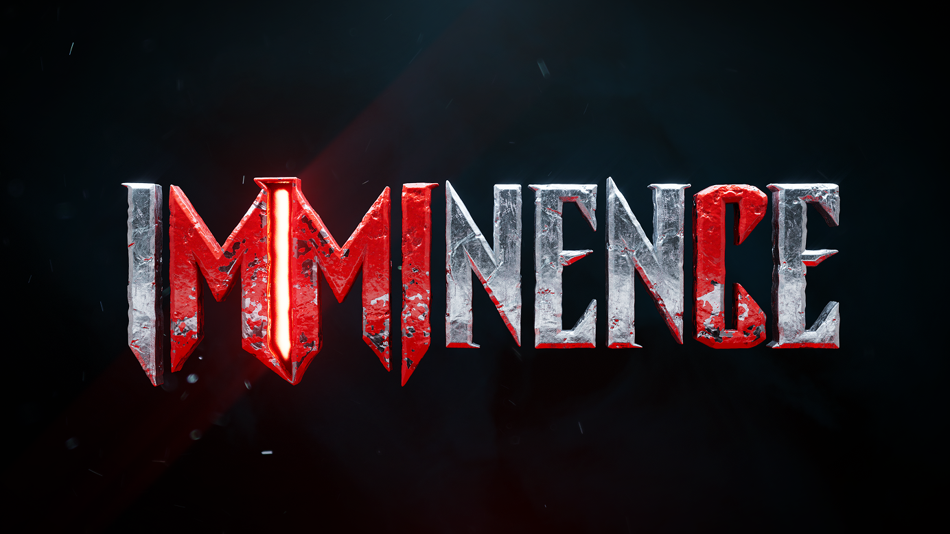 The word 'IMMINENCE' styled with a rugged metallic texture, some letters highlighted in red, and a glowing vertical bar forming part of the first M, set against a dark background with subtle specks and light effects.