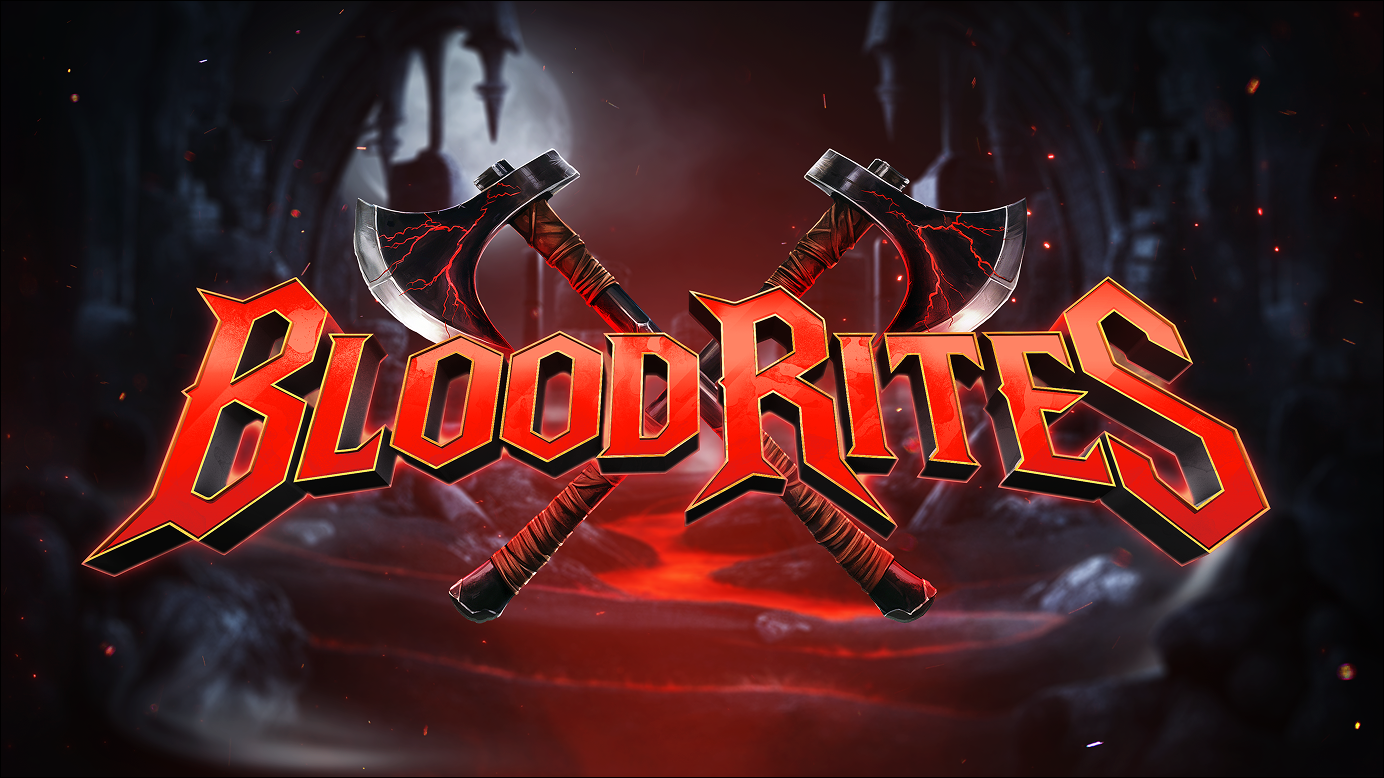 Logo for Blood Rites with two crossed battle axes behind the bold red and orange stylized text, set against a dark, eerie background with glowing red lava and ancient stone structures.
