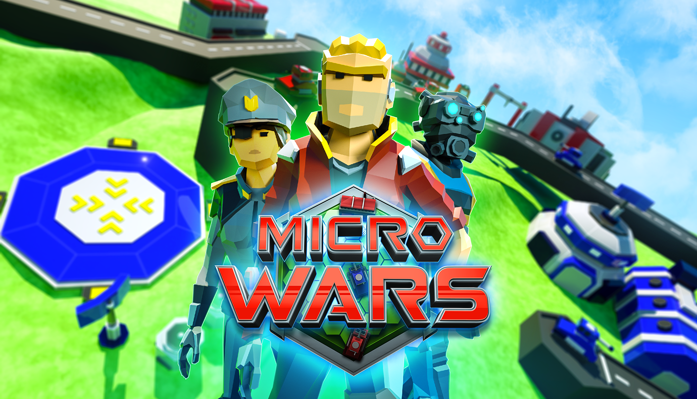 Stylized 3D characters including a construction worker, a police officer, and a soldier with glowing goggles, standing in front of a green landscape with roads, buildings, and a blue hexagonal platform, with the bold red and metallic logo text 'MICRO WARS' at the center.