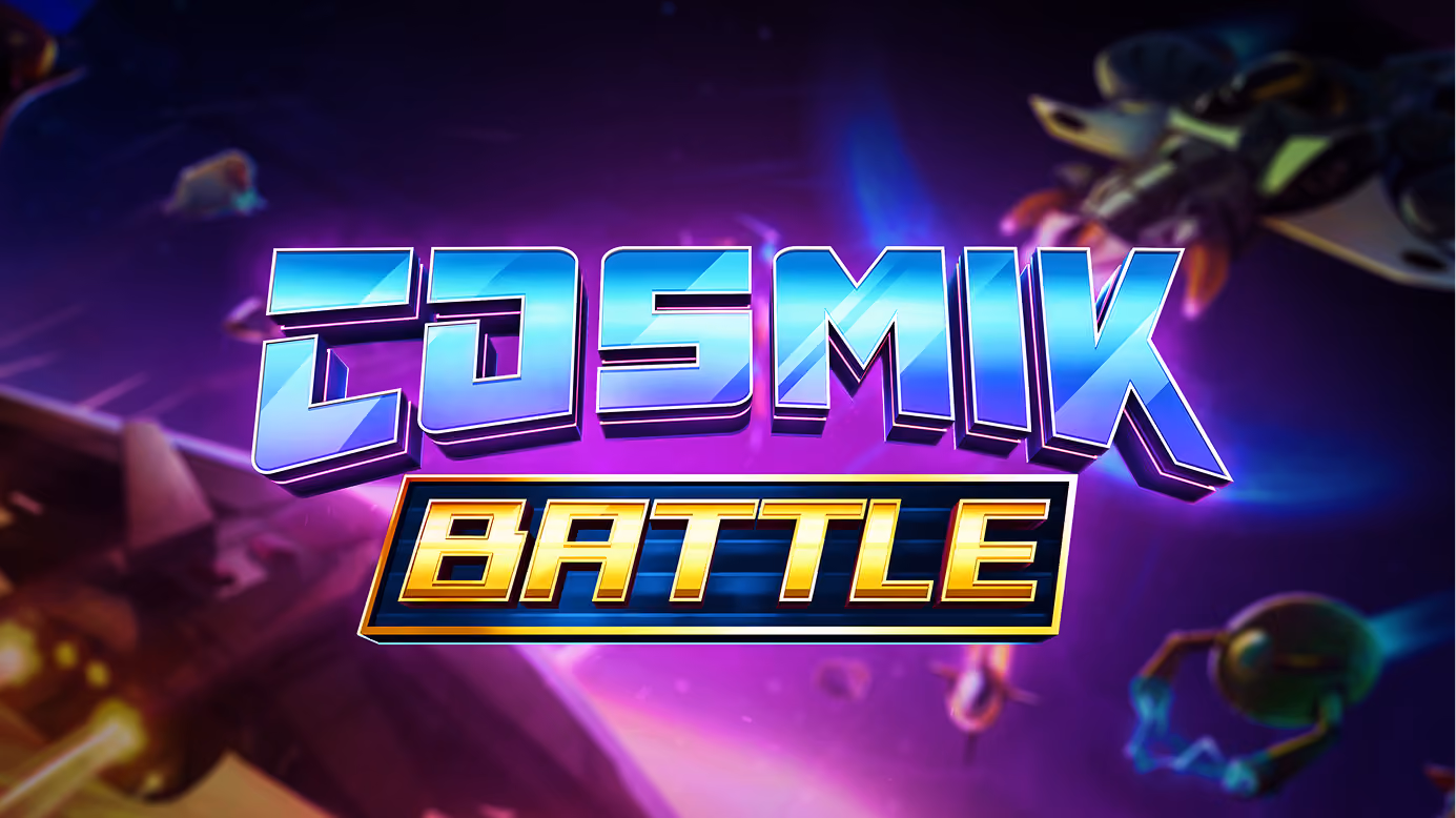 Bright neon-style title text reading 'COSMIK BATTLE' against a vibrant space background with stars, planets, and futuristic spacecrafts.