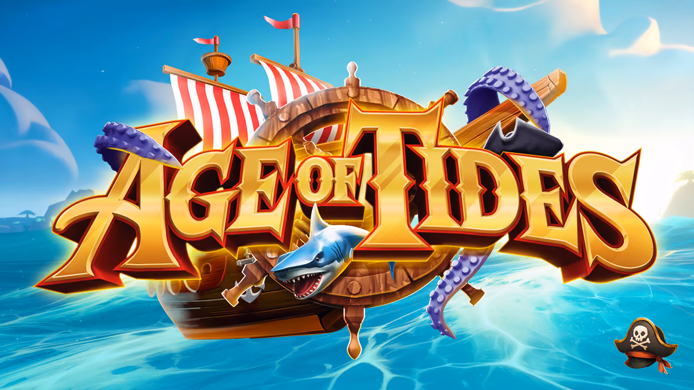 Colorful logo with the text 'Age of Tides' in large gold letters in front of a wooden ship wheel, a pirate ship with red and white striped sails, a shark head, and purple tentacles, set against a bright blue ocean and sky background.