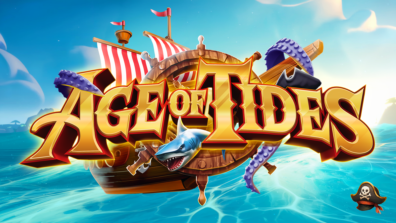Colorful logo with the text 'Age of Tides' in large gold letters in front of a wooden ship wheel, a pirate ship with red and white striped sails, a shark head, and purple tentacles, set against a bright blue ocean and sky background.