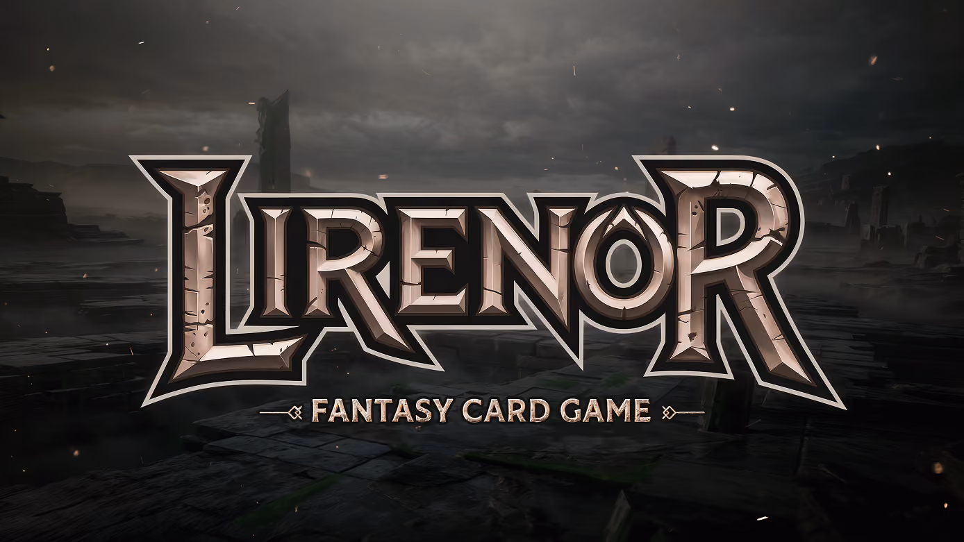 Title logo for Lirenor fantasy card game with stone-like cracked lettering set against a dark, misty, ancient ruin background.