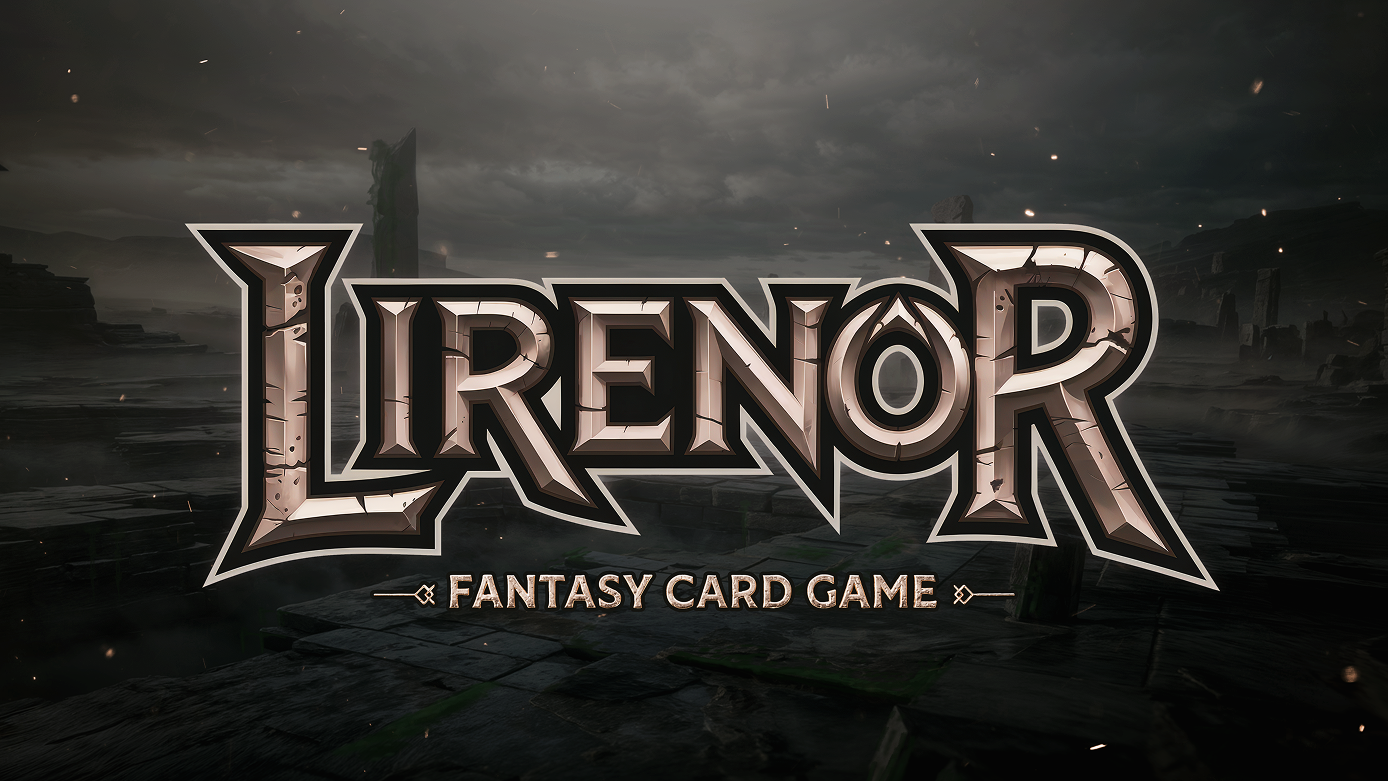 Title logo for Lirenor fantasy card game with stone-like cracked lettering set against a dark, misty, ancient ruin background.