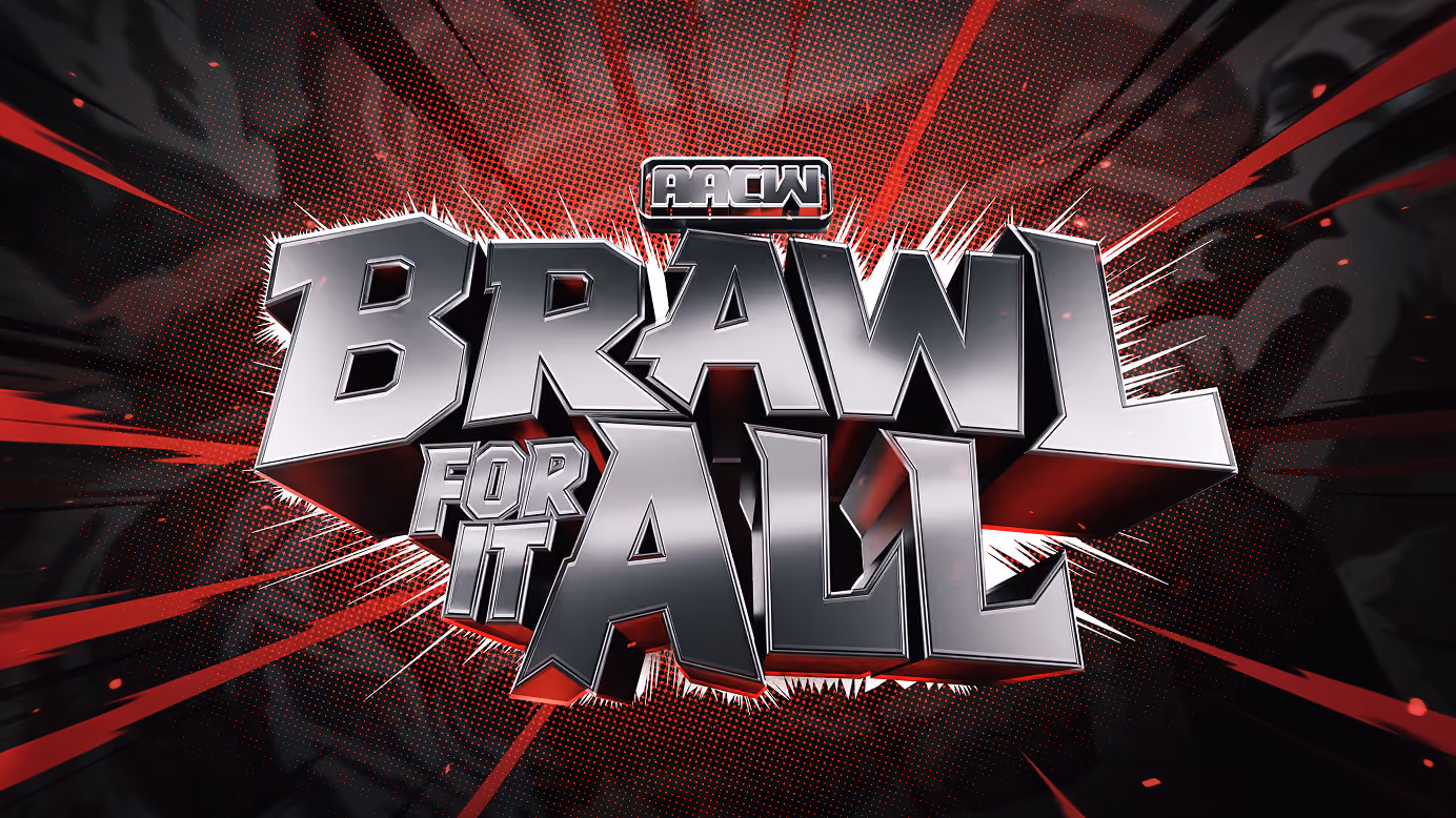 Bold, metallic 3D text saying 'Brawl For It All' with a red and black explosive background and the letters 'AAGW' above the main text.