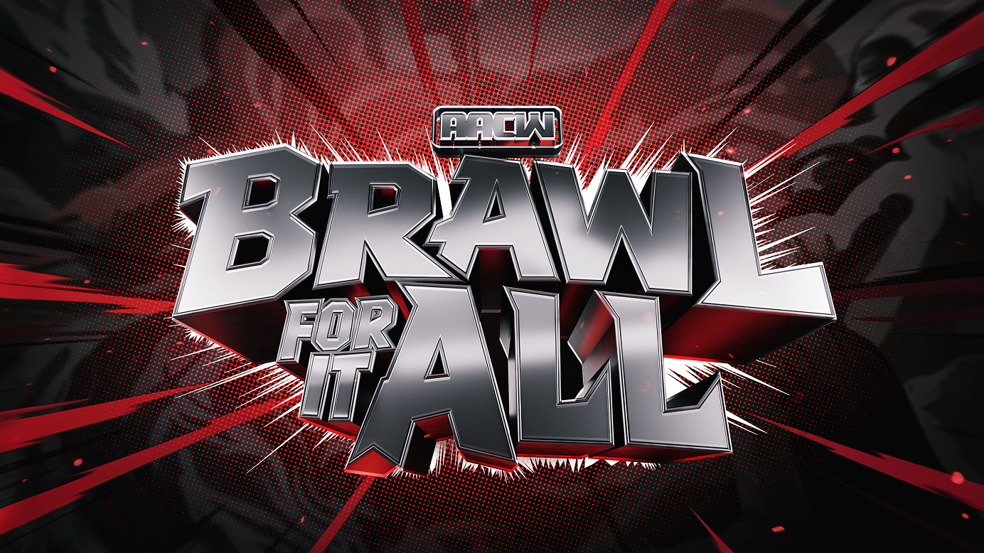 Bold, metallic 3D text saying 'Brawl For It All' with a red and black explosive background and the letters 'AAGW' above the main text.