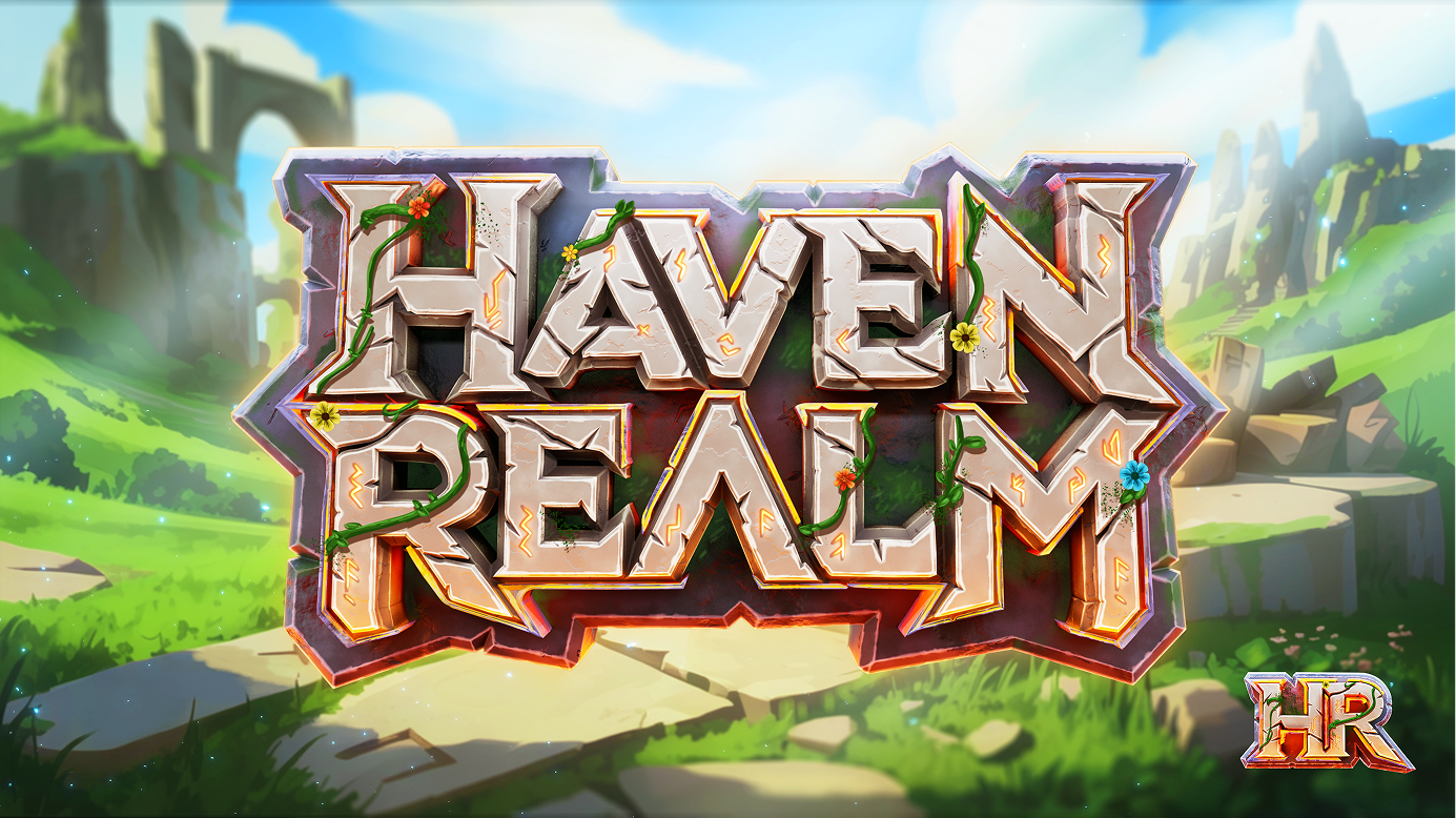 Large fantasy-style stone text reading 'HAVEN REALM' with vines and flowers wrapped around the letters, set against a bright, lush green landscape with rocky formations and a blue sky background.