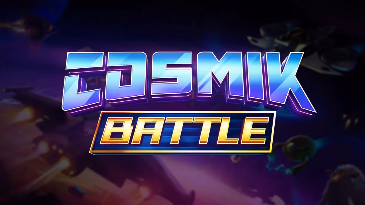 Title text reading 'COSMIK BATTLE' in bold futuristic font with a purple and blue gradient for 'COSMIK' and gold for 'BATTLE', set against a dark space background with faintly visible spaceships and planets.