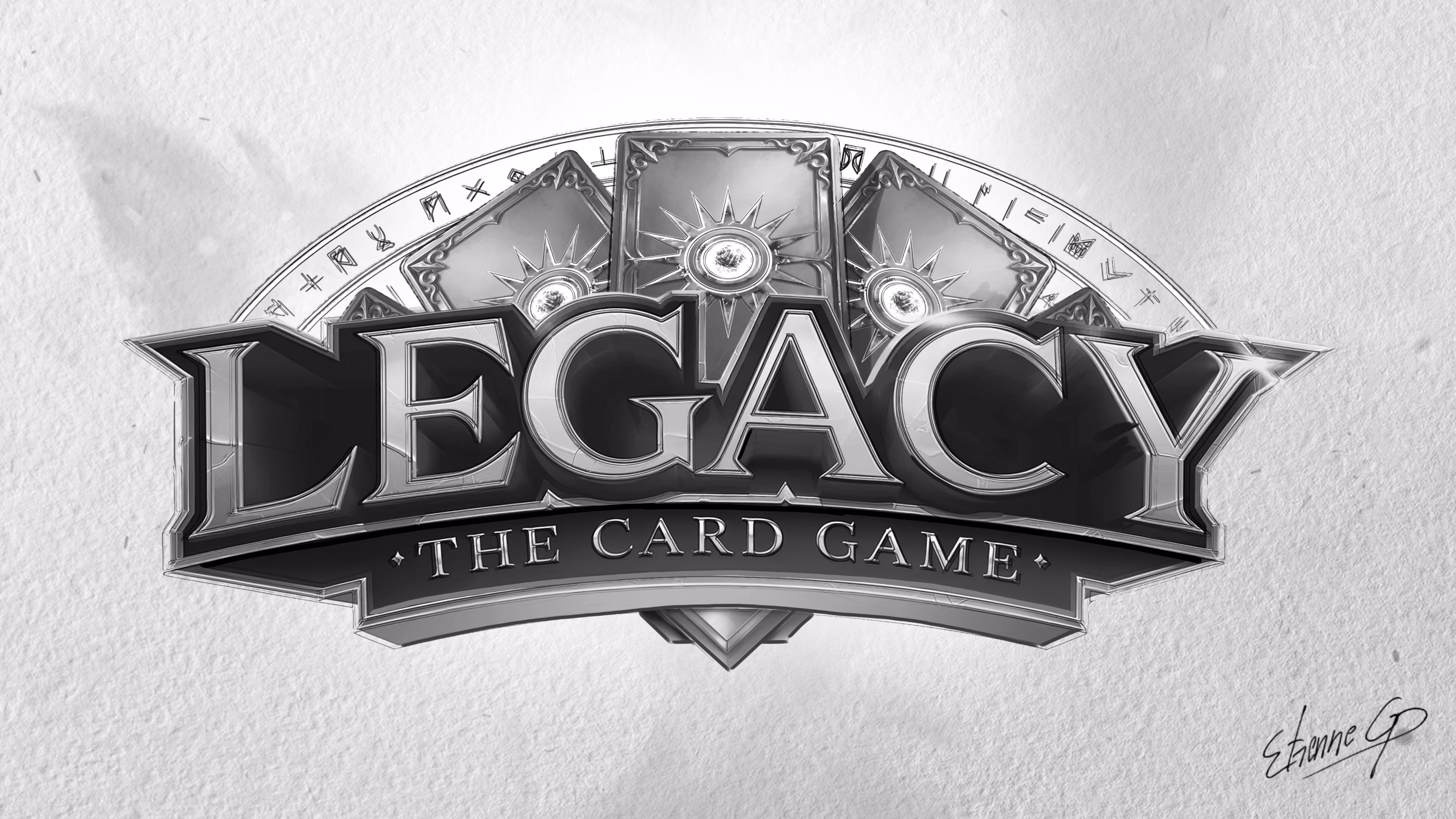 Legacy: The Card Game logo concept in grayscale with metallic lettering, a rune circle and three card backs