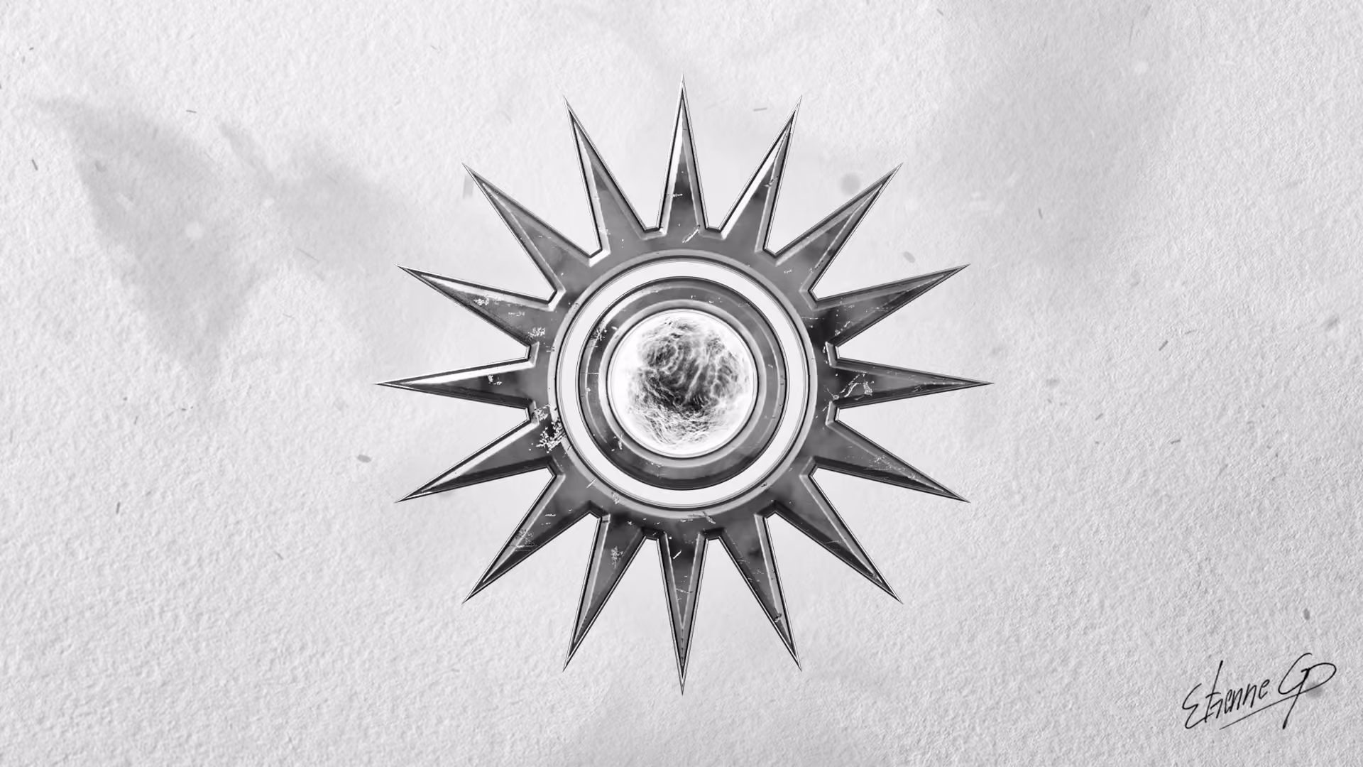 Grayscale sketch of the Legacy game icon: a spiked sun emblem with a glowing orb at its center