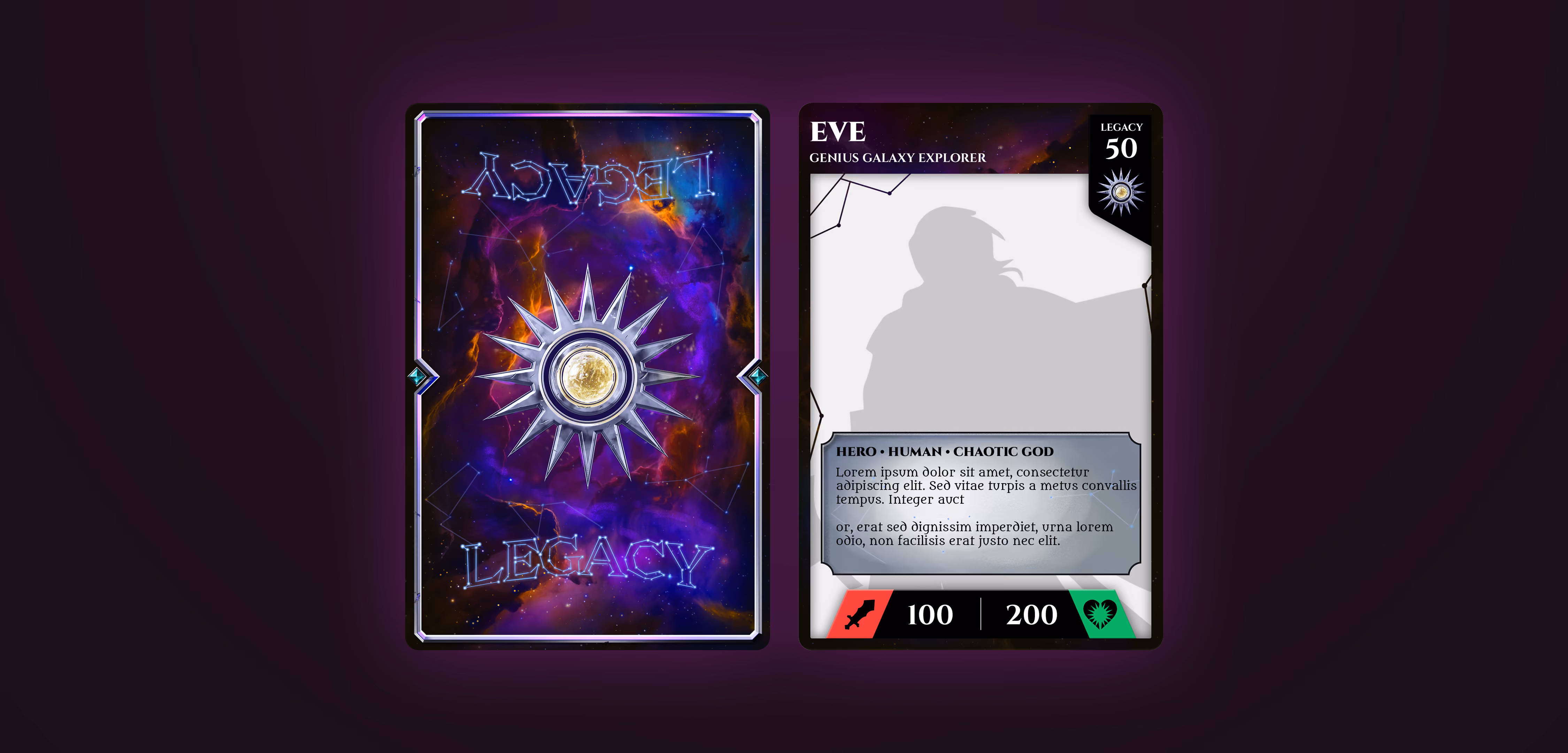Legacy card mockup showing an ornate purple cosmic card back beside a card front with a character portrait, stats and Legacy points