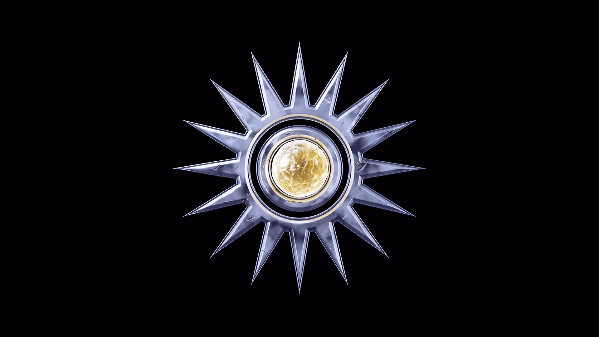Legacy game icon: a spiked silver sun emblem with a glowing golden orb on a black background