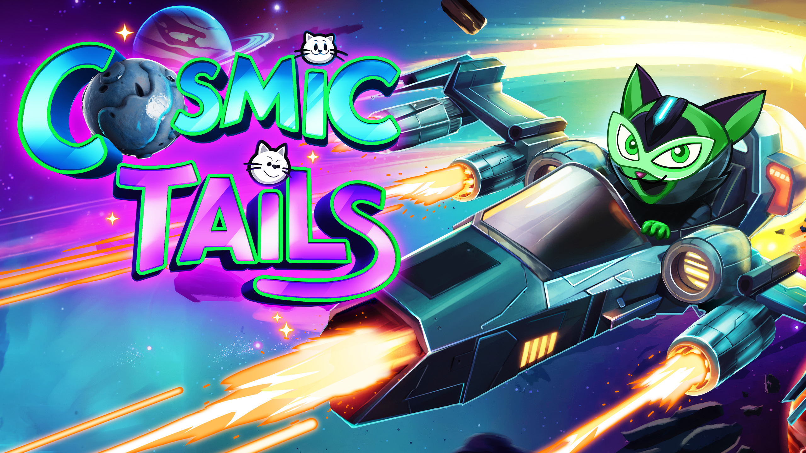 Cosmic Tails key art with the game logo and a green cat bounty hunter piloting a spaceship through a colorful cosmic scene