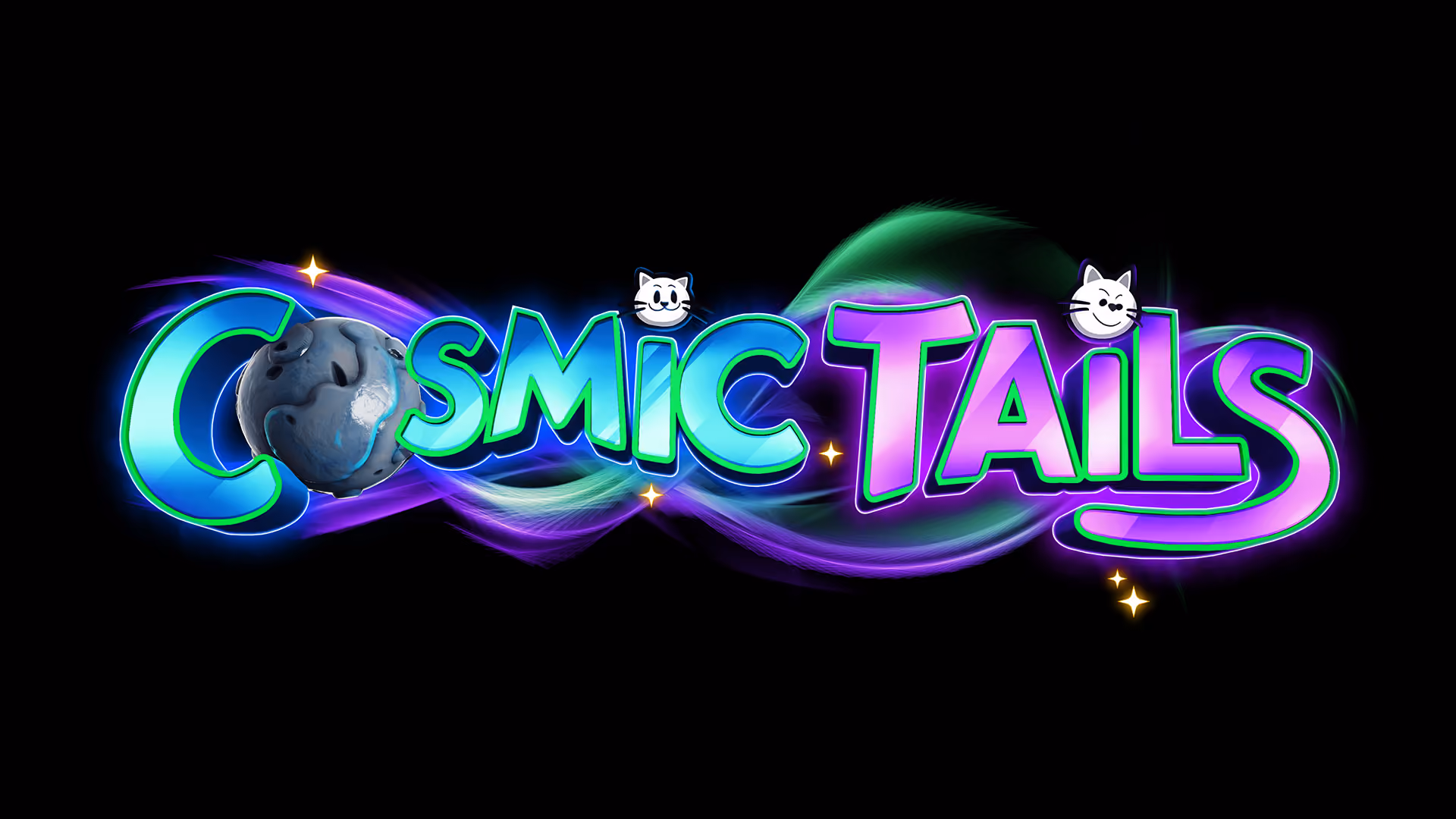 Cosmic Tails horizontal logo in glossy teal and purple lettering with a cratered planet and two cat faces