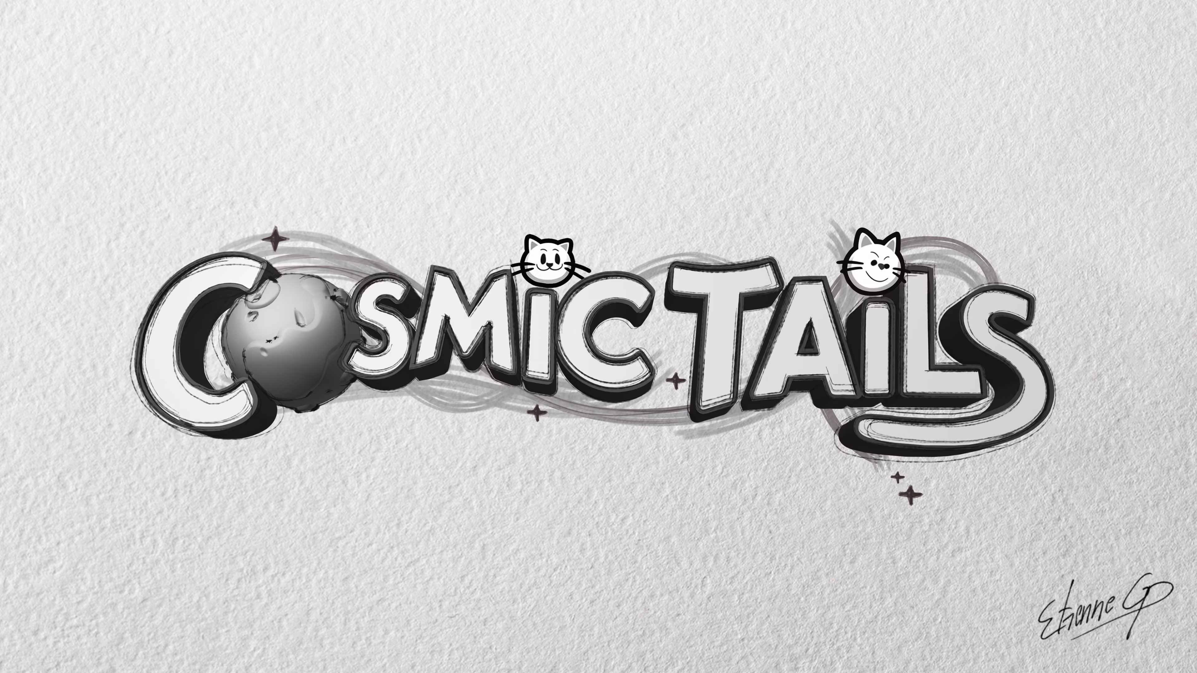 Grayscale sketch of the Cosmic Tails logo with a cratered planet for the O and two cat faces