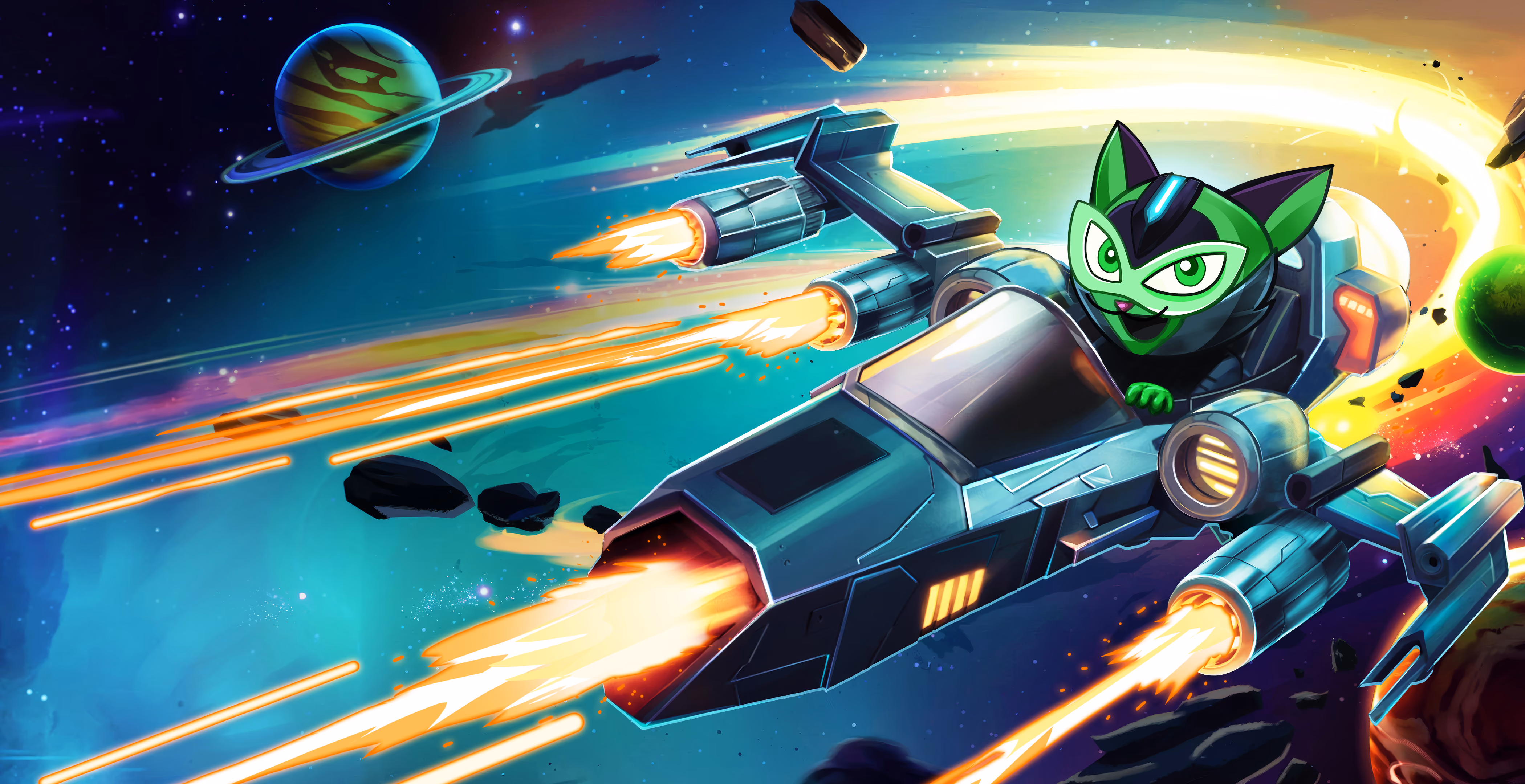 Cosmic Tails key art without the logo: a green cat pilot in a spaceship firing through space past a ringed planet