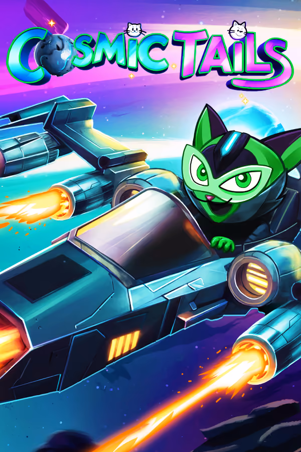 Cosmic Tails vertical Steam library capsule art with the logo above a green cat pilot in a spaceship