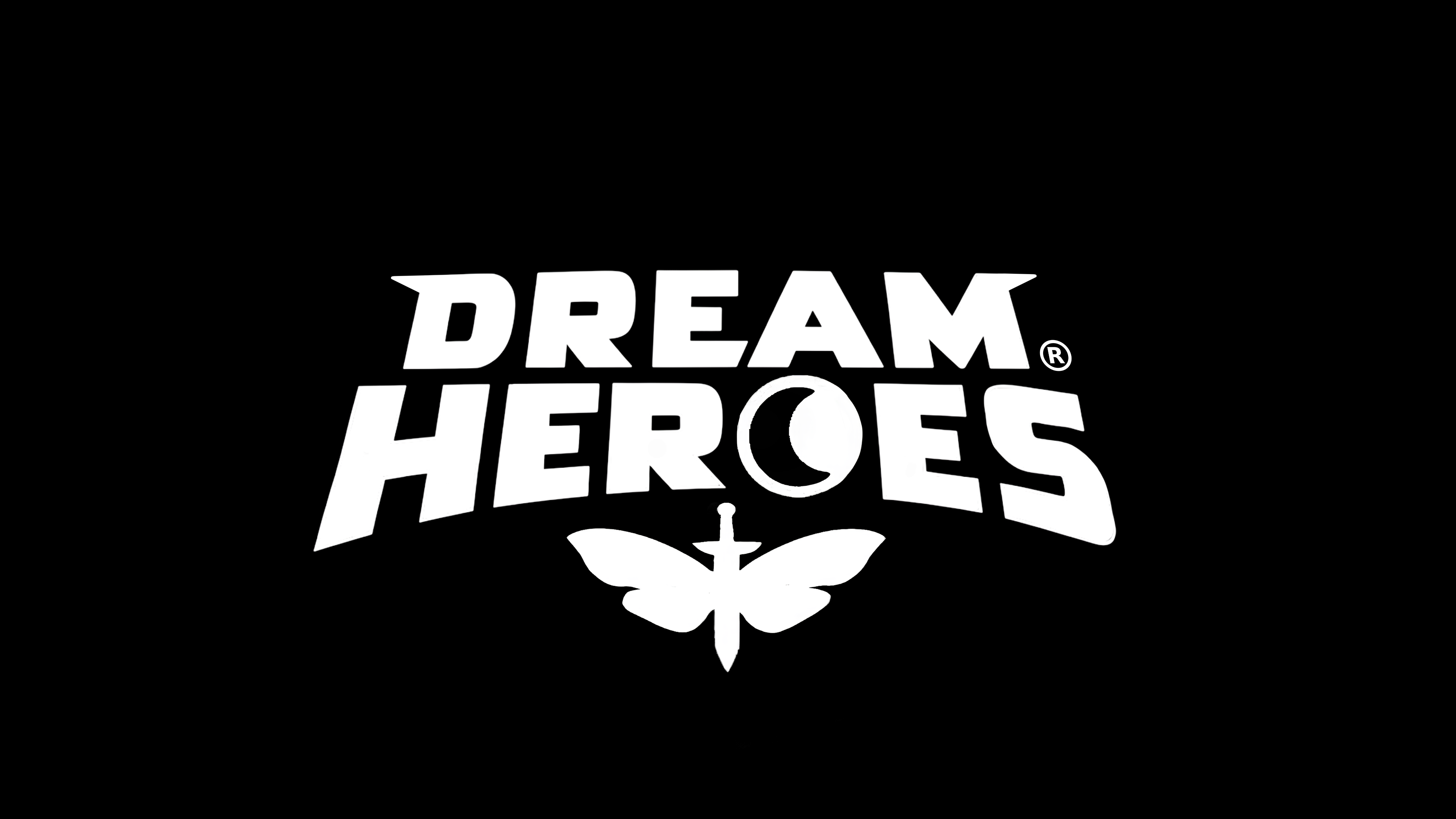Dream Heroes one-color white logo with a crescent moon and winged-sword emblem on a black background