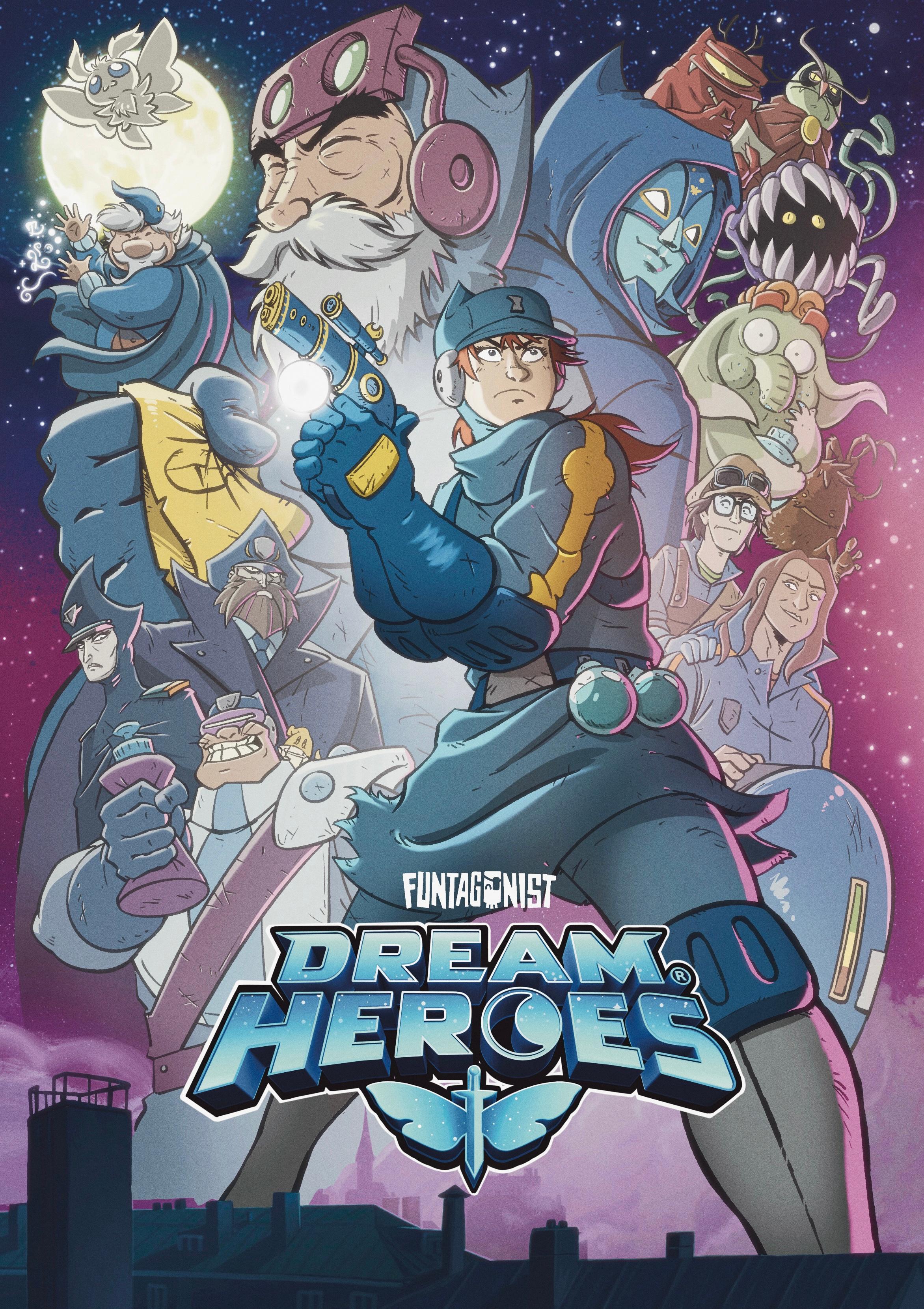 Dream Heroes key art with the logo beneath the Sandmen heroes and nightmare creatures under a full moon