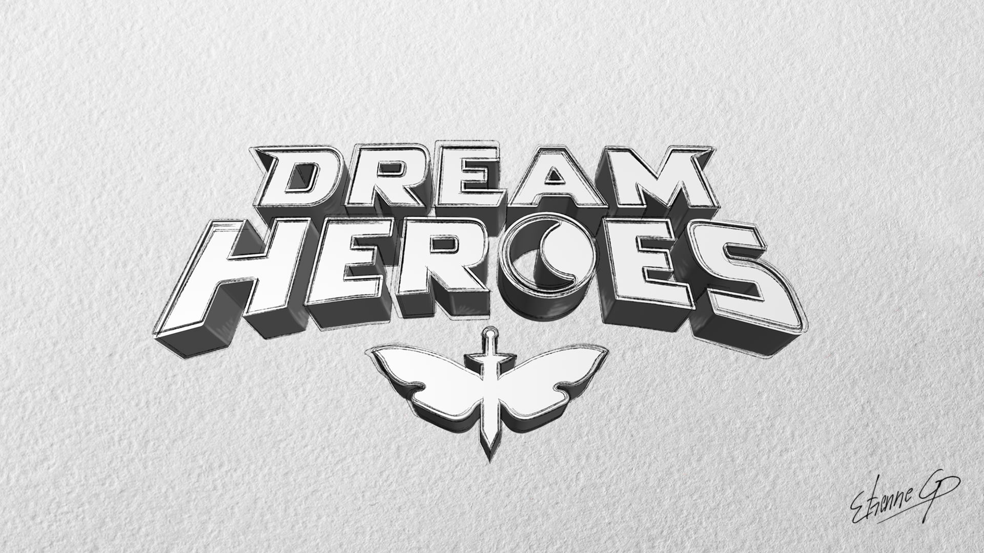 Grayscale sketch of the Dream Heroes logo with a crescent moon in the O and a winged-sword emblem