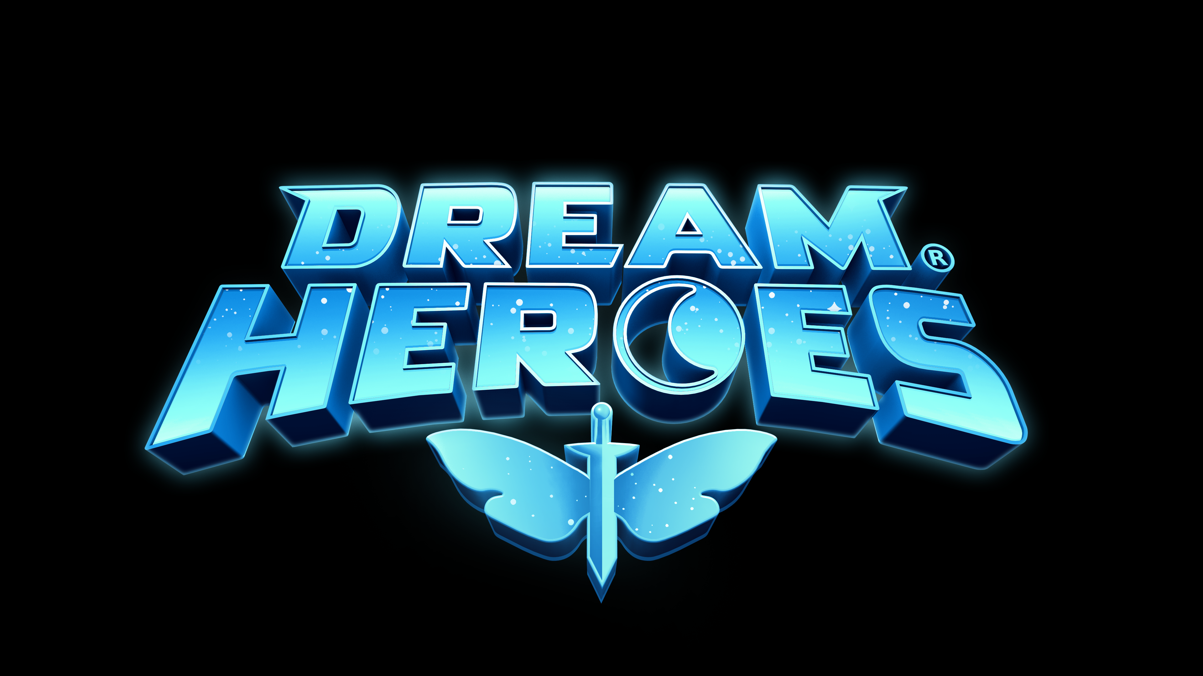 Dream Heroes logo in glossy icy-blue 3D lettering with a starry texture on a black background