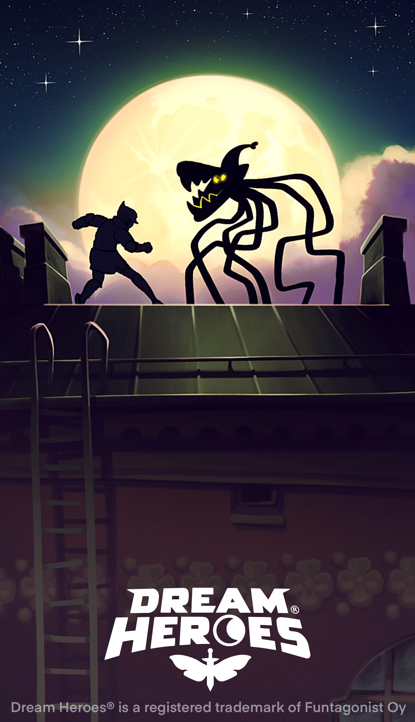 Dream Heroes white logo on a moonlit rooftop scene with a hero facing a nightmare creature